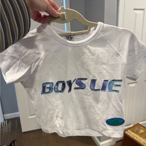 Boys Lie White Tee with Blue-Green Iridescent Logo